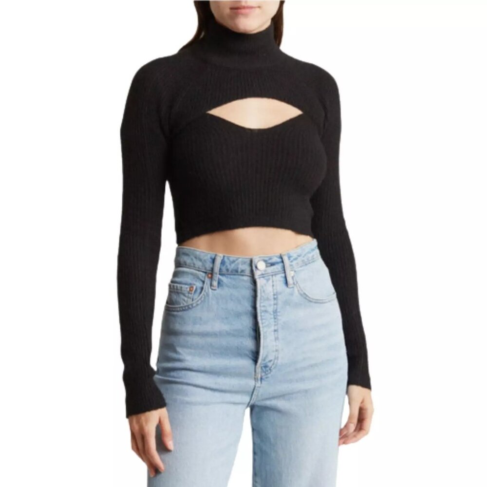 New BDG Mock Neck Cutout Cropped Black Sweater P953